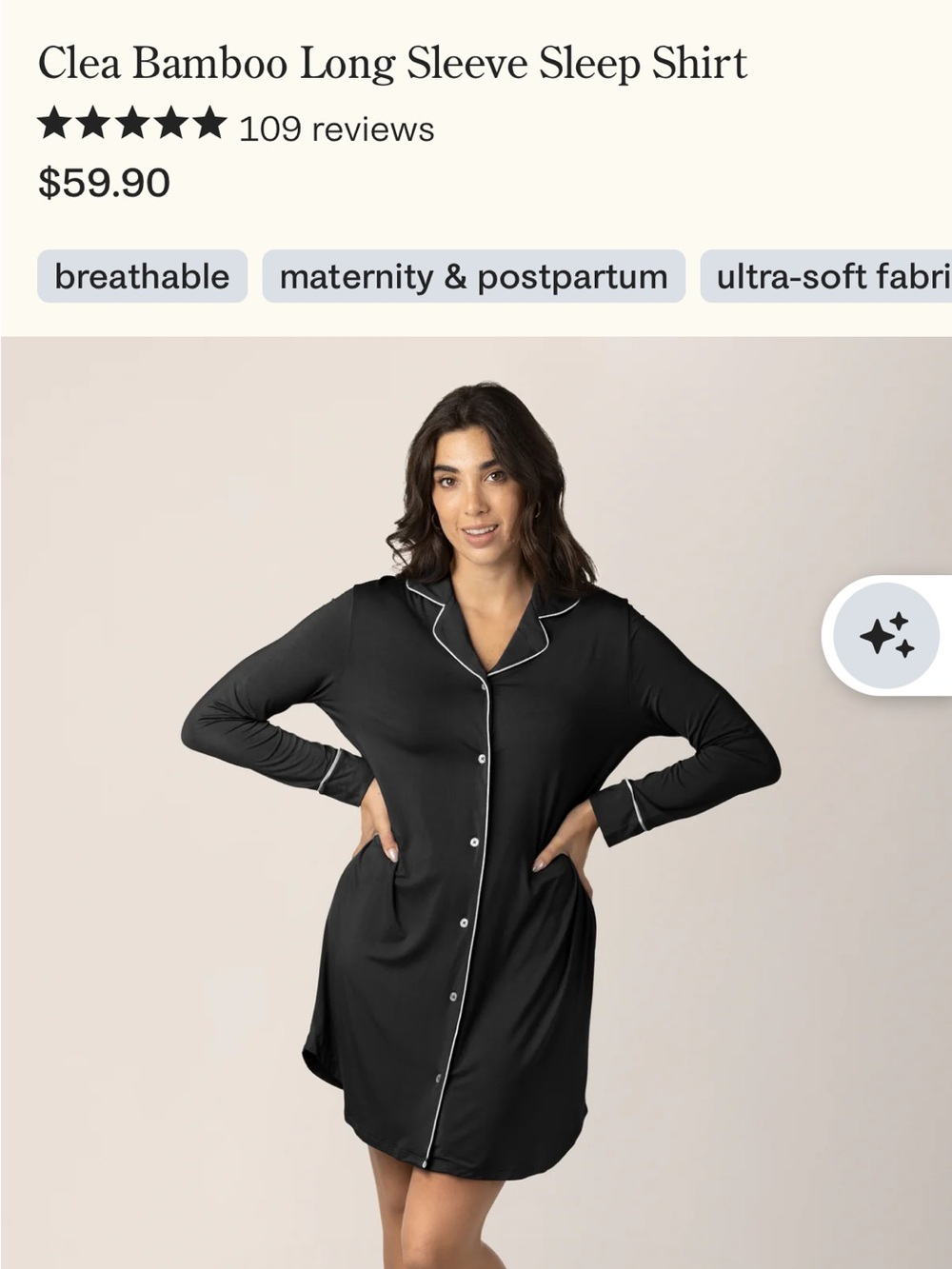 Kindred Bravely Clea Bamboo Long Sleeve Sleep Shirt - Black with White Piping